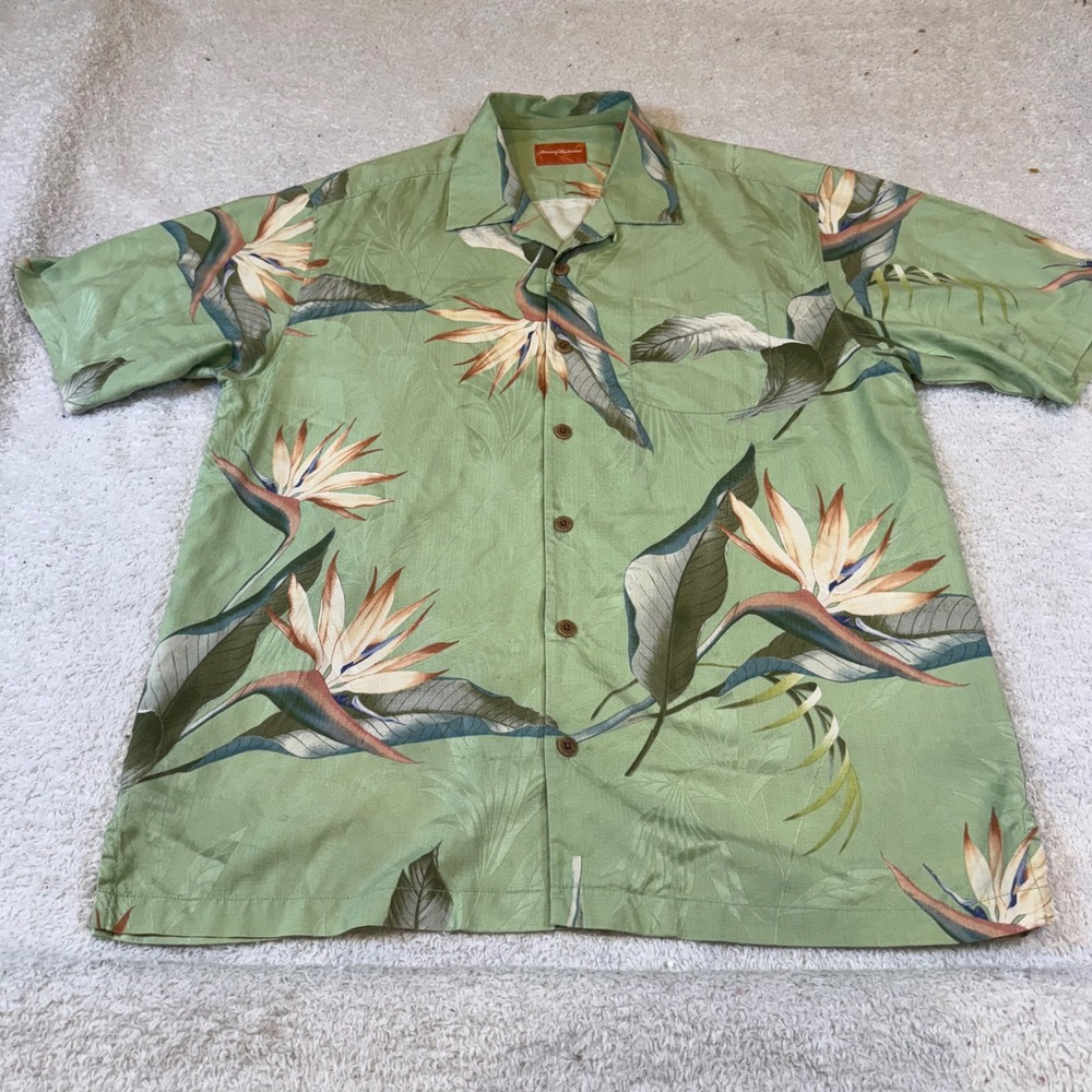 Tommy Bahama Mens Silk Camp Shirt Green Bird of Paradise Floral Print Large